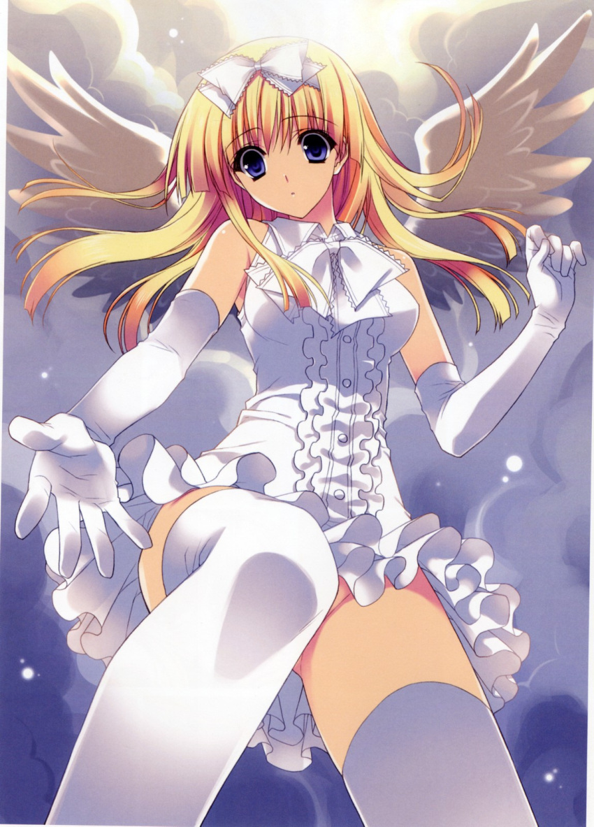 elbow_gloves gloves hair_ribbon highres no_panties outstretched_arm outstretched_hand reaching ribbon suzuhira_hiro thigh_highs thighhighs wings