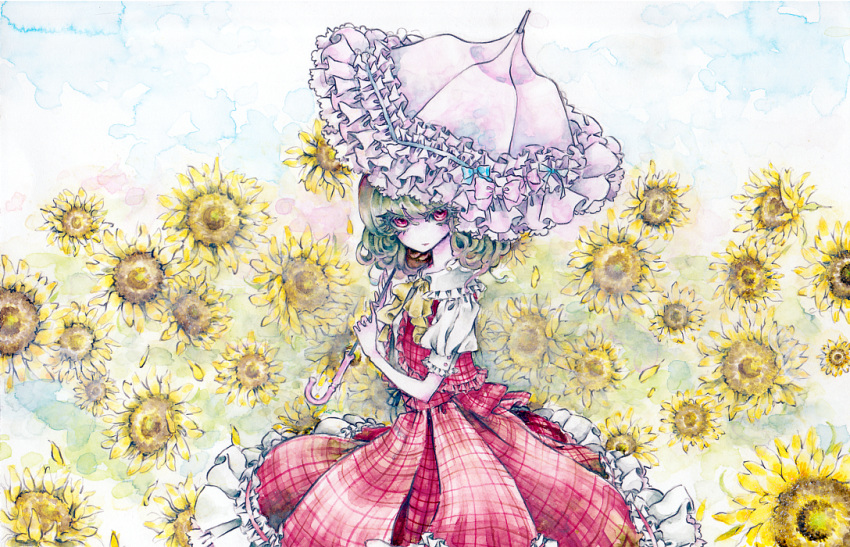 bow colored_eyelashes dress eyelashes flower frills green_hair kazami_yuuka miri no_nose pale_skin parasol plaid plaid_skirt plaid_vest red_eyes short_sleeves skirt skirt_set solo stare sunflower tartan touhou traditional_media umbrella watercolor_(medium)