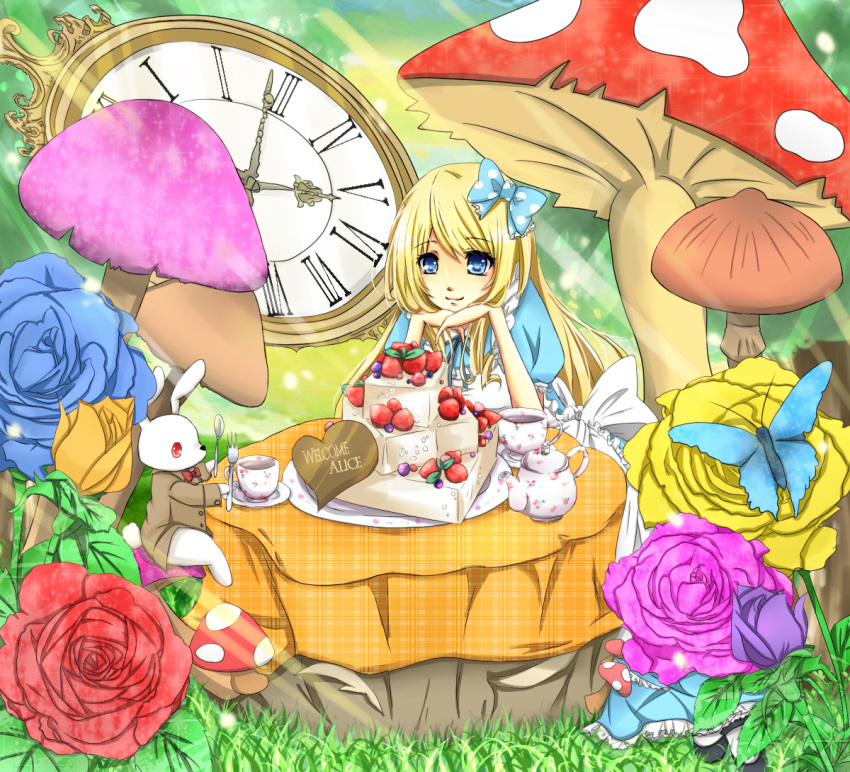 alice_in_wonderland apron bad_id blonde_hair blue_eyes blue_rose bow bunny butterfly cake clock cup dress flower food fork hair_bow hair_ribbon heart long_hair mushroom pastry pocket_watch purple_rose rabbit red_rose ribbon rose sakura_ran sitting smile tea teacup watch white_rabbit yellow_rose