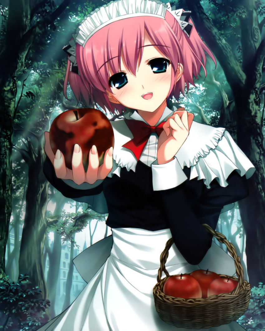 apple basket food forest fruit fumio grisaia_no_kajitsu highres holding holding_fruit komine_sachi maid maid_headdress nature red_hair redhead short_hair smile
