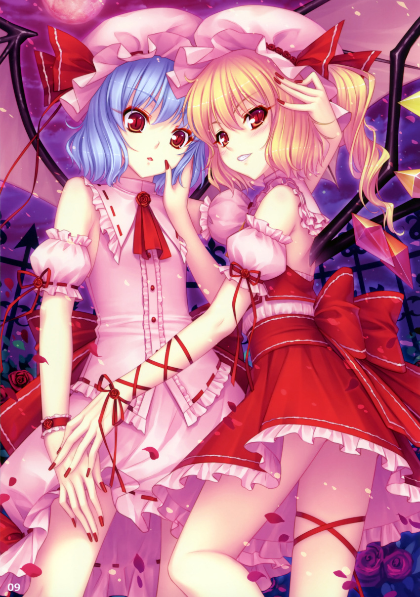 absurdres bare_shoulders bat_wings blonde_hair blue_hair flandre_scarlet flat_chest flower hand_on_another's_cheek hand_on_another's_face hat highres multiple_girls nail_polish petals ponytail red_eyes red_rose remilia_scarlet ribbon rose rose_petals sayori short_hair siblings side_ponytail sisters slit_pupils touhou wings yuri