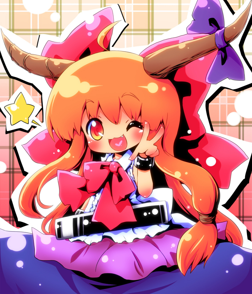 :3 ayakashi_(monkeypanch) blush brown_hair cuff cuffs fang heart heart_in_mouth highres horn_ribbon horns ibuki_suika long_hair orange_hair red_eyes ribbon smile solo star touhou v wink