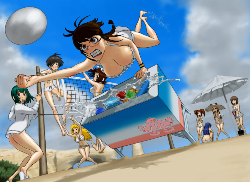 ahoge akizuki_ritsuko amami_haruka antenna_hair arms_up ball barefoot beach beach_umbrella beach_volleyball bikini black_hair blonde_hair blue_eyes braid breasts brown_eyes brown_hair butt_crack cleavage clenched_hand clenched_teeth cloud clouds down_blouse falling fist glasses green_hair hagiwara_yukiho halter_top halterneck hat high_heels hoodie hoshii_miki idolmaster jumping kikuchi_makoto kisaragi_chihaya large_breasts long_hair looking_back minase_iori mouth_hold multiple_girls navel o-ring_top open_mouth otonashi_kotori outstretched_arm outstretched_hand reaching sand shadow shoes short_hair shorts shovel sitting sky spill straw_hat surprised swimsuit takatsuki_yayoi teeth twin_braids twintails volleyball wata_do_chinkuru wata_domingez water whistle white_swimsuit worktool wristband