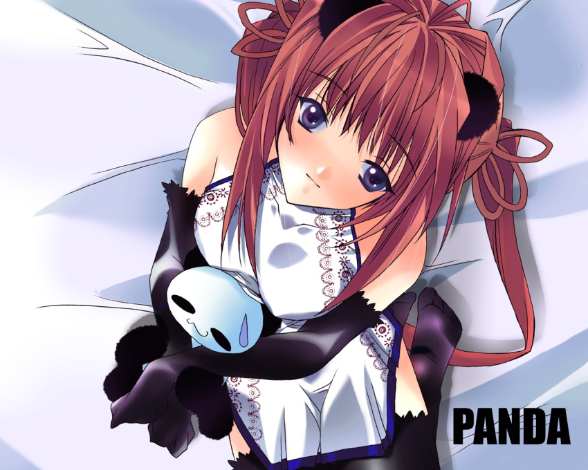 animal_ears chinese_clothes chinese_dress gloves panda purple_eyes red_hair thigh-highs thighhighs wallpaper