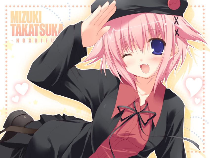 hat highres hoshiful ikegami_akane pink_hair smile takatsuka_mizuki