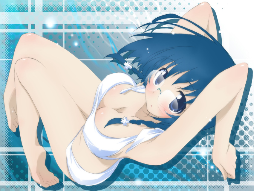 armpits arms_up barefoot bikini blue_eyes blue_hair blush braid breasts cleavage feet glasses highres hoshiful kurashima_tomoyasu suzuki_ryumi swimsuit twin_braids wallpaper