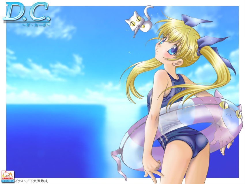 :o animal_ears arched_back ass bangs blonde_hair blush border cat cat_ears chibi cloud da_capo double_vertical_stripe embarrassed fish flat_chest from_behind hair_ribbon innertube loli long_hair looking_at_viewer looking_back mouth_hold one-piece_swimsuit open_mouth outdoors ribbon sakuraniku_umatarou school_swimsuit see-through sky standing striped surprised swimsuit tail twintails wallpaper yoshino_sakura