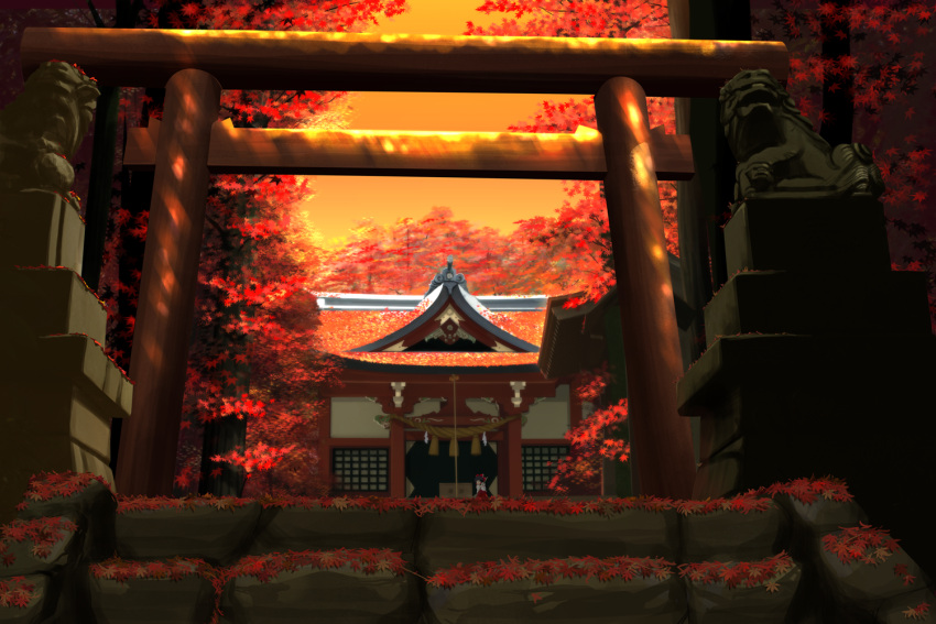 hakurei_reimu kitsupon komainu landscape leaf maple_leaf shimenawa shrine stairs torii touhou