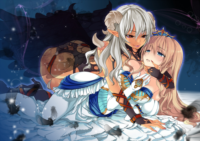 2girls all_fours black_feathers blonde_hair blue_eyes blush breasts brown_eyes crown dark_skin demon_girl demon_horns dress hand_on_another's_face hand_on_own_chest hands_on_chin hips horns irie_jun lips lipstick long_hair lying makeup multiple_girls original parted_lips red_eyes silver_hair tiara