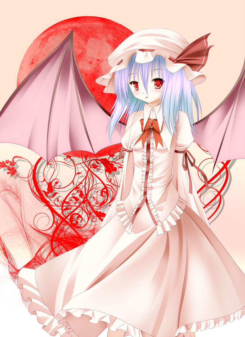 blush dress fang hat highres necktie open_mouth red_eyes remilia_scarlet rivelta short_hair solo touhou wings