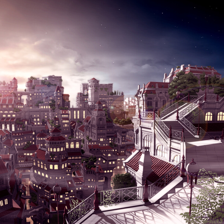 cloud clouds colored highres j-unit_(lilykiss) lamp lens_flare lights munashichi night original rooftop scenery sky stairs star star_(sky) starry_sky tree window