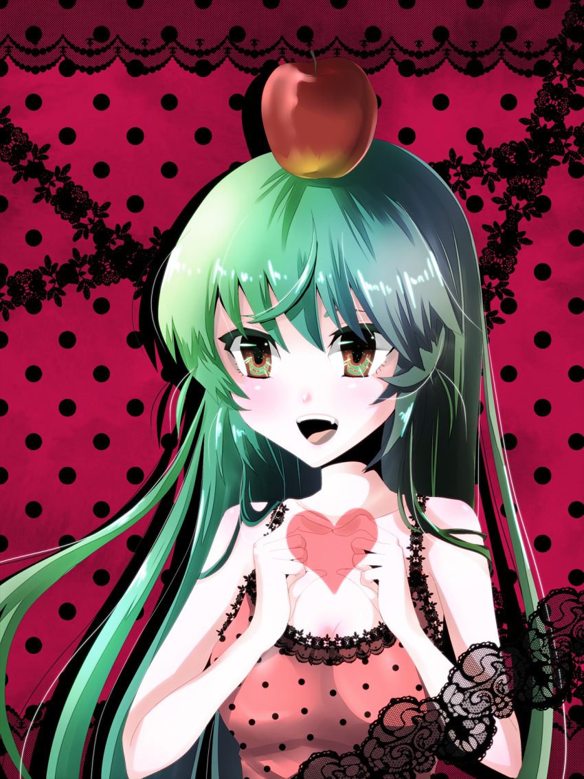 alternate_costume alternate_hairstyle apple bad_id bare_shoulders breasts brown_eyes camisole cleavage fangs food fruit green_hair hatsune_miku heart heart_hands highres lace long_hair on_head romeo_to_cinderella_(vocaloid) solo vocaloid yamineko