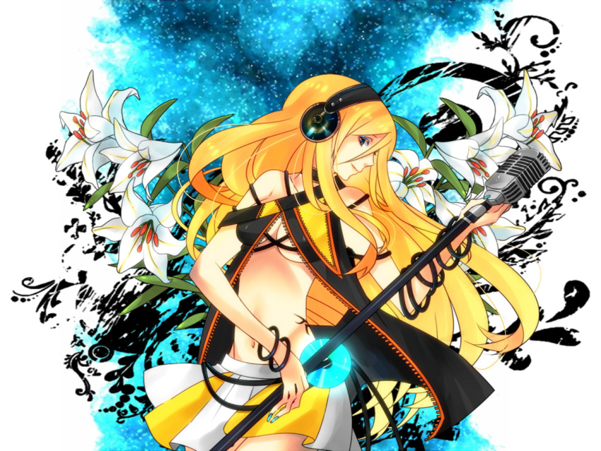 blue_eyes flower irohasu lily_(vocaloid) long_hair microphone microphone_stand smile solo vocaloid