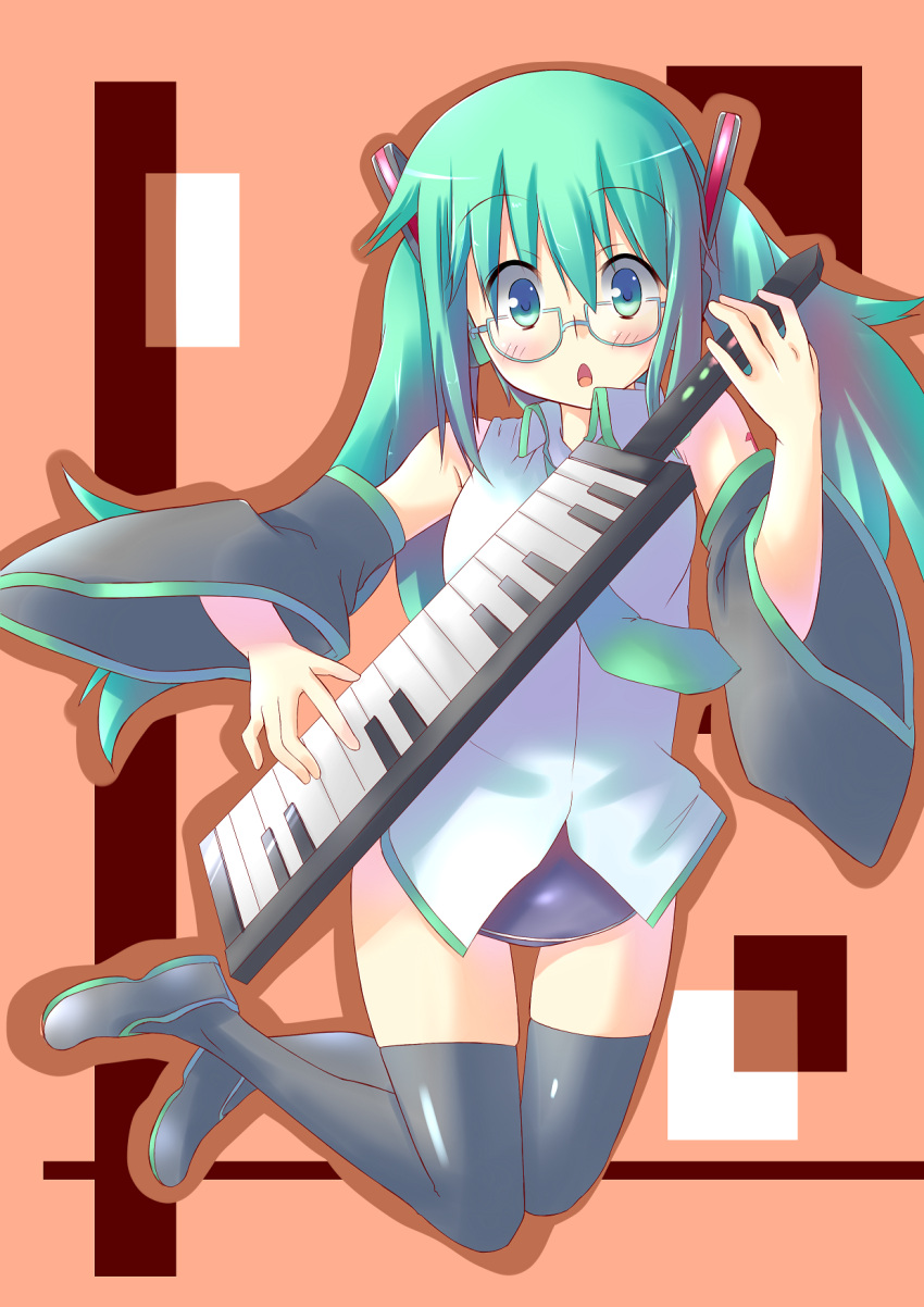 1girl aqua_eyes aqua_hair black_legwear blush boots detached_sleeves glasses green-framed_glasses green_eyes hatsune_miku headphones highres instrument keytar long_hair necktie no_pants one-piece_swimsuit open_mouth school_swimsuit shinrutyu shoes smile solo swimsuit swimsuit_under_clothes thigh-highs thigh_boots twintails very_long_hair vocaloid