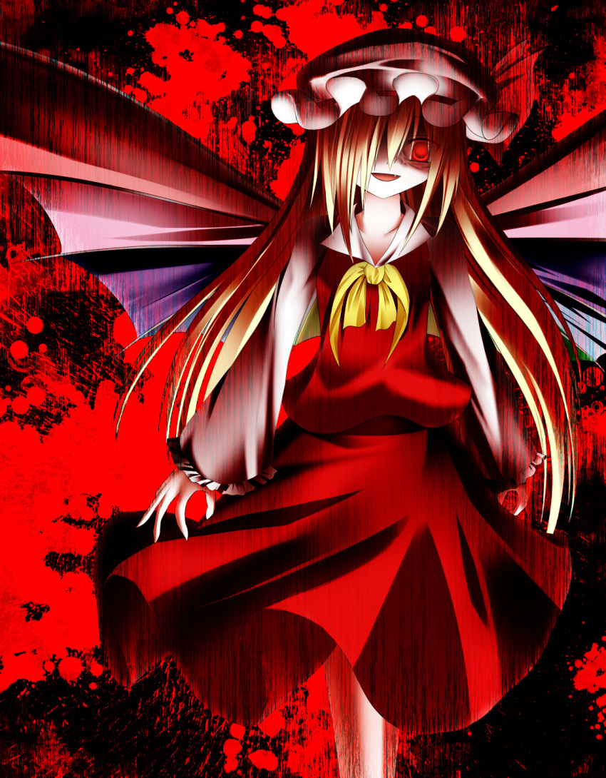 alternate_hairstyle blonde_hair fang flandre_scarlet glowing_eyes hair_over_one_eye hat highres long_hair necktie open_mouth red_eyes rivelta solo touhou vampire wings