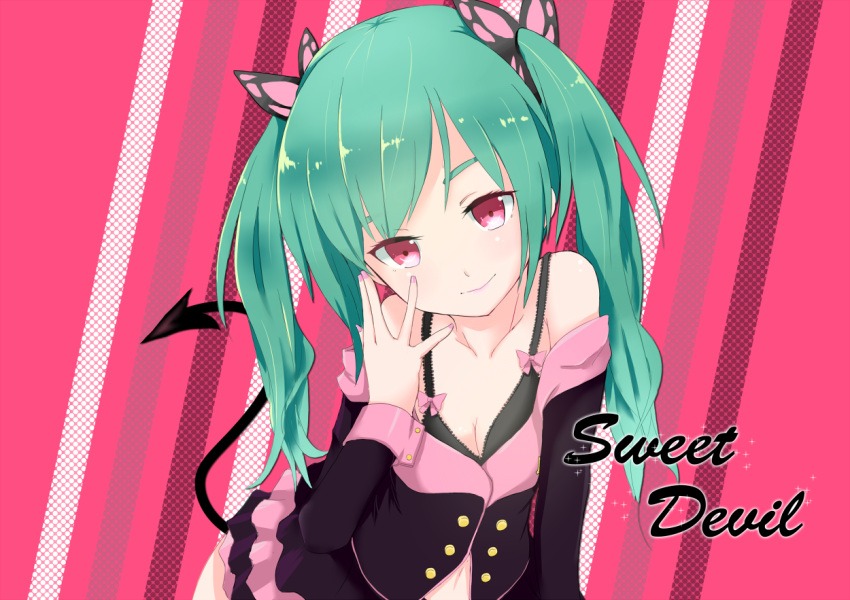 1girl bra copyright_name demon_tail green_hair hatsune_miku long_hair nail_polish off_shoulder pink_eyes rua_(abcd29211) solo striped striped_background sweet_devil_(vocaloid) tail twintails underwear vocaloid
