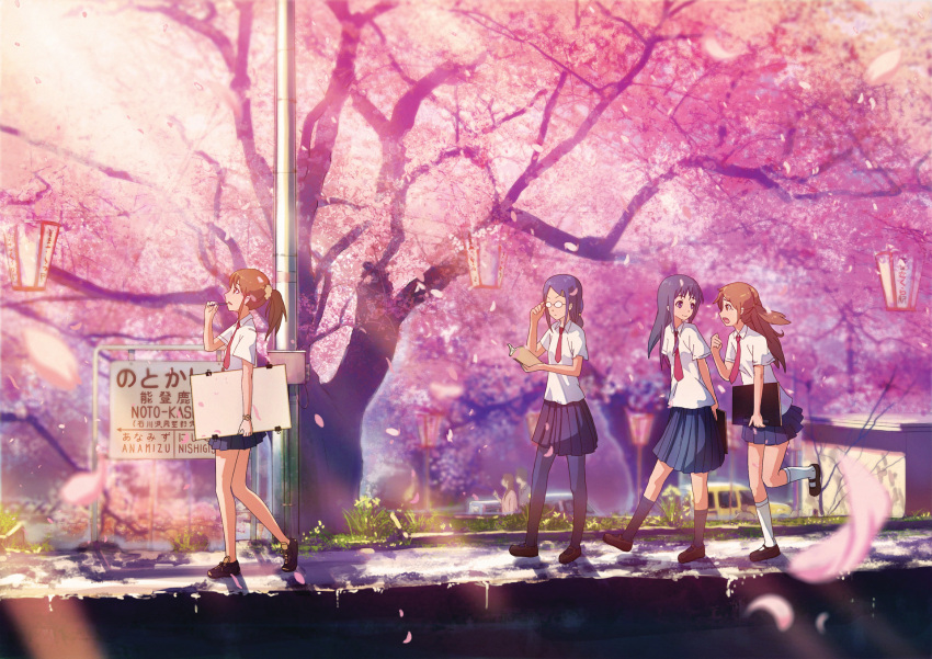 blurry cherry_blossoms depth_of_field glasses grass highres ize legs long_hair multiple_girls necktie original pink ponytail real_world_location school_uniform skirt train_station tree