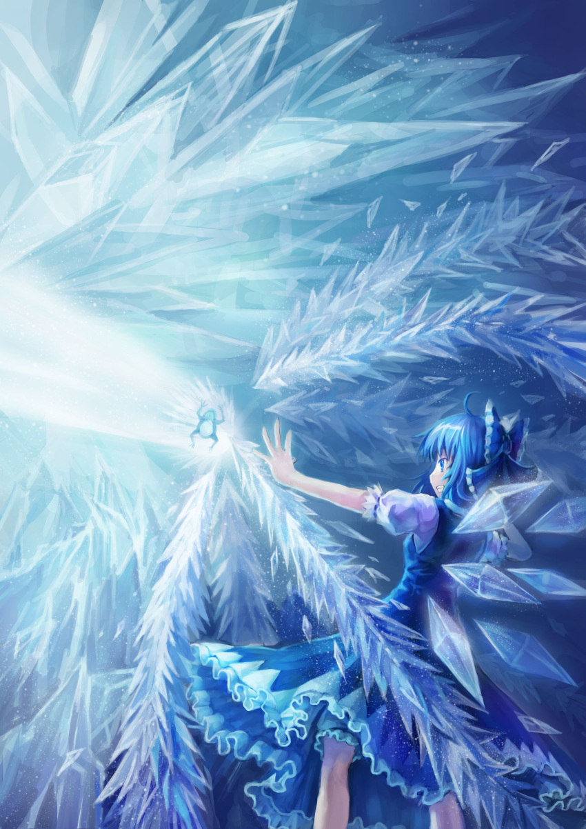 absurdres ahoge blue blue_eyes bow cirno dress frog frozen grin hair_bow highres ice smile solo teeth touhou wings yinzhai