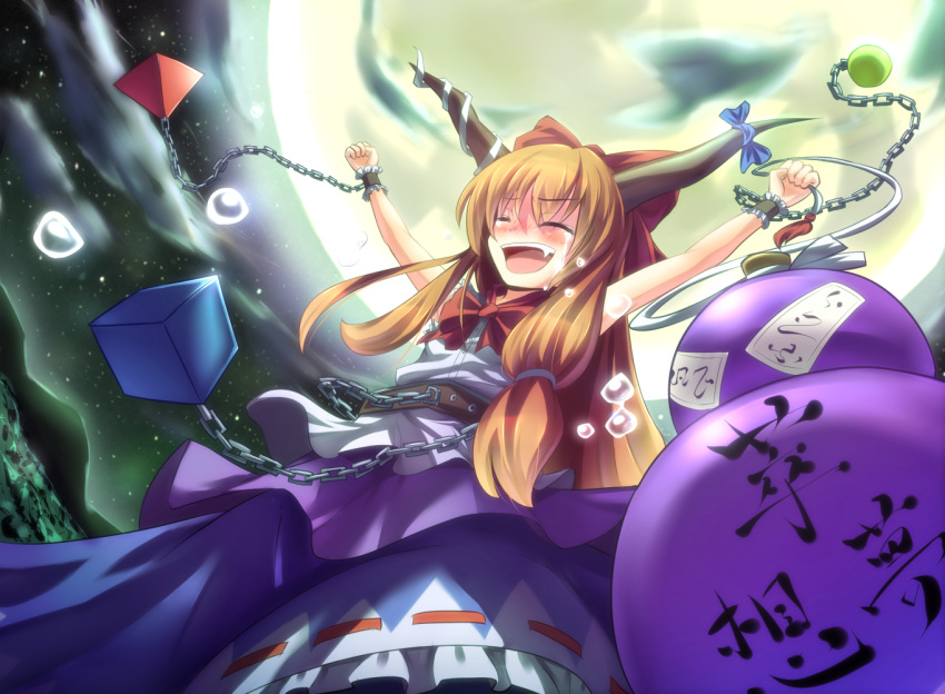 \o/ arms_up bow brown_hair chain closed_eyes full_moon gourd hair_bow horns ibuki_suika long_hair moon outstretched_arms ryosios solo tears touhou