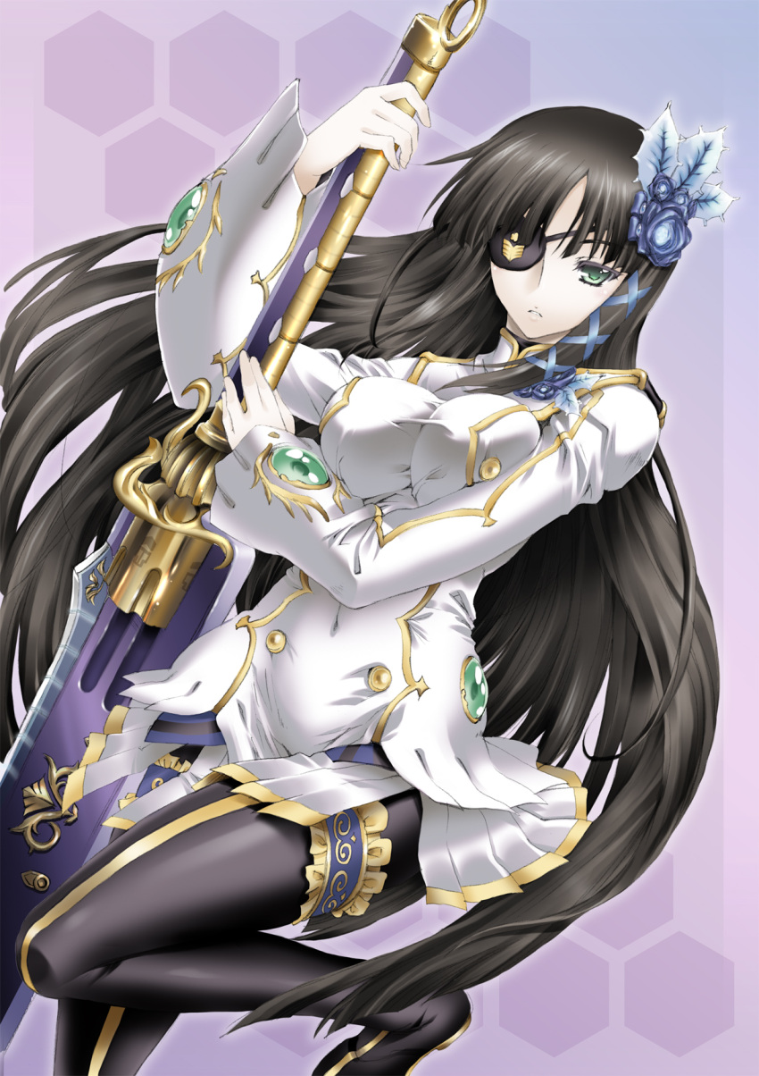 black_hair breasts eyepatch flower garter_belt garters green_eyes hair_flower hair_ornament highres honeycomb_background large_breasts legs long_hair nagisa_(psp2i) pantyhose phantasy_star phantasy_star_portable_2 phantasy_star_portable_2_infinity solo thighs uguisu_kagura weapon