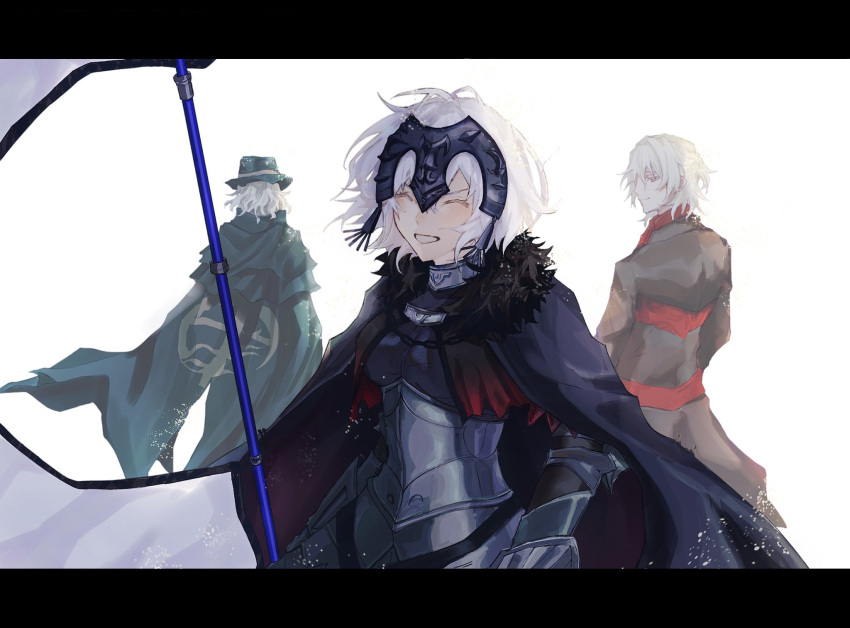 1girl 2boys antonio_salieri_(fate) antonio_salieri_(second_ascension)_(fate) armor armored_dress ascot black_cloak black_suit chain cloak closed_eyes edmond_dantes_(fate) facing_back fate/grand_order fate_(series) fedora flag formal fur_trim fuyotan gauntlets green_cloak grin half_updo hat headpiece highres jeanne_d'arc_alter_(fate) letterboxed looking_back multiple_boys plackart red_ascot simple_background smile standard_bearer suit wavy_hair white_background white_hair