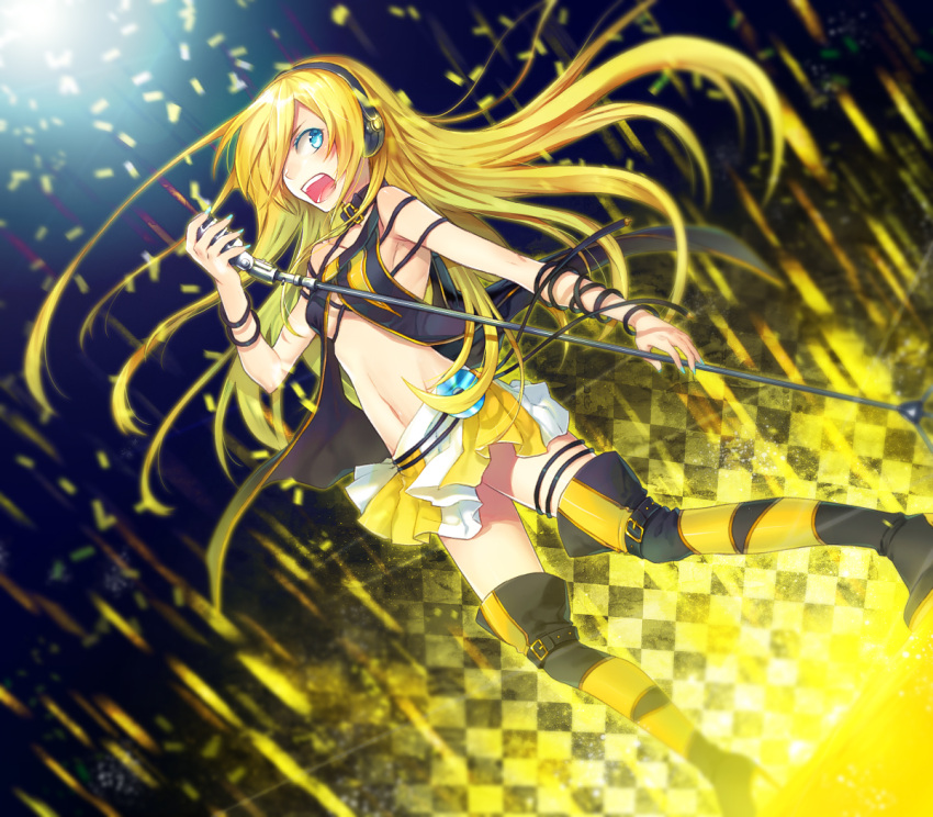blonde_hair blue_eyes boots cable cd checkered checkered_floor collar headphones legs lily_(vocaloid) long_hair microphone microphone_stand navel open_mouth renta singing skirt solo thigh-highs thigh_boots thighhighs vocaloid zettai_ryouiki