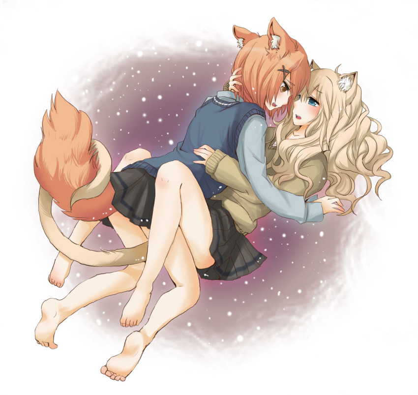 animal_ears barefoot between_legs blonde_hair blue_eyes blush brown_eyes cat_ears cat_tail dog_ears dog_tail eye_contact feet fuwayu girl_on_top hair_ornament hairclip hand_behind_head highres intertwined_tails legs long_hair lying multiple_girls mutual_yuri open_mouth original profile red_hair redhead school_uniform sweater tail tail_wrap vest yuri