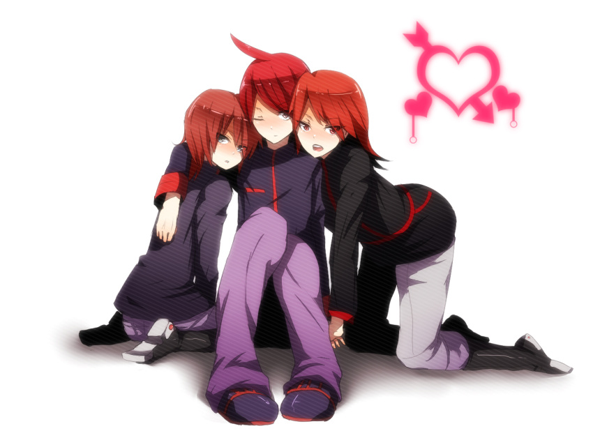 ahoge alternate_costume boots choco_mochi grey_eyes heart multiple_boys multiple_persona open_mouth pokemon pokemon_(game) pokemon_special red_eyes red_hair redhead silver_(pokemon) silver_(pokemon)_(classic) silver_(pokemon)_(remake) silver_eyes simple_background sitting wallpaper
