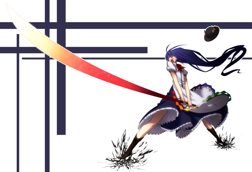 cracks fighting_stance foreshortening frills gathers gradient_hair hat hat_removed headwear_removed hinanawi_tenshi hiroya_juuren long_hair multicolored_hair open_mouth purple_hair red_eyes solo sunrise_stance sword sword_of_hisou touhou very_long_hair weapon