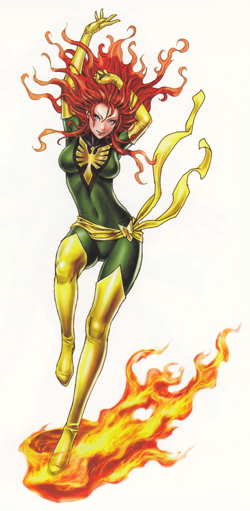 1girl aqua_eyes arms_up belt bird blush bodysuit boots breasts closed_mouth costume covered_navel elbow_gloves fire floating_hair flying full_body gloves green_eyes hair_between_eyes highres jean_grey legs lipstick long_hair long_legs looking_at_viewer marvel one_leg_raised phoenix phoenix_(x-men) red_hair redhead sash shiny shiny_clothes simple_background skin_tight smile solo standing_on_one_leg superhero thigh-highs thigh_boots thighhighs wavy_hair white_background x-men yamashita_shun'ya yamashita_shunya yellow_boots yellow_footwear yellow_gloves yellow_legwear yellow_sash yellow_thighhighs