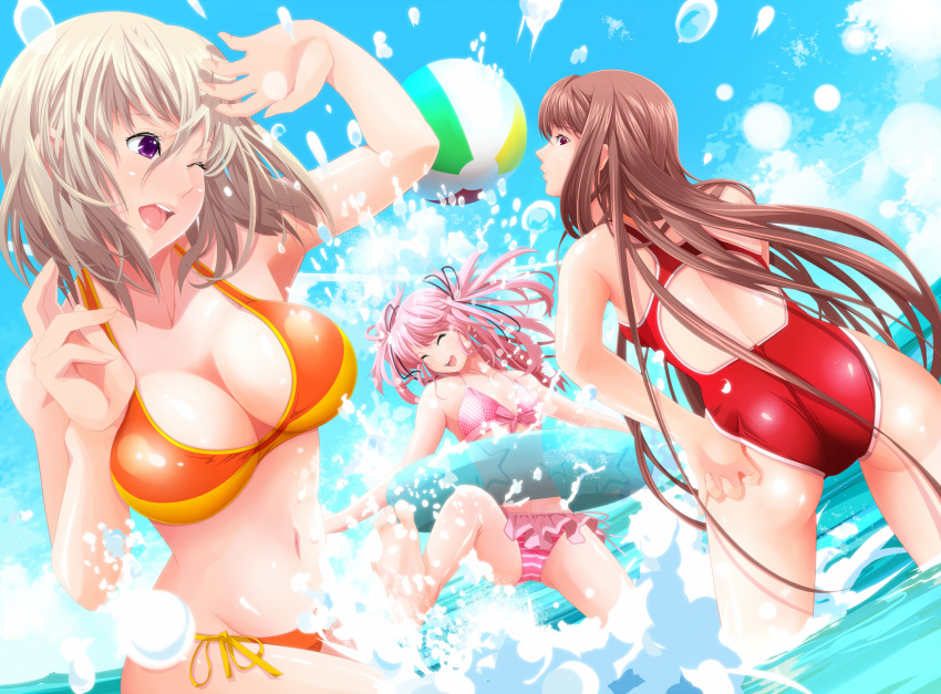 adjusting_swimsuit ass ball beachball bikini blonde_hair breasts brown_hair cleavage closed_eyes competition_swimsuit highres large_breasts long_hair looking_back multiple_girls navel one-piece_swimsuit pink_hair short_hair side-tie_bikini splash swimsuit tsukumo twintails water wink