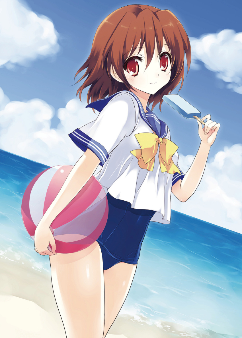 beach beachball brown_hair highres no_pants popsicle red_eyes school_swimsuit school_uniform short_hair smile solo swimsuit swimsuit_under_clothes yukiwo