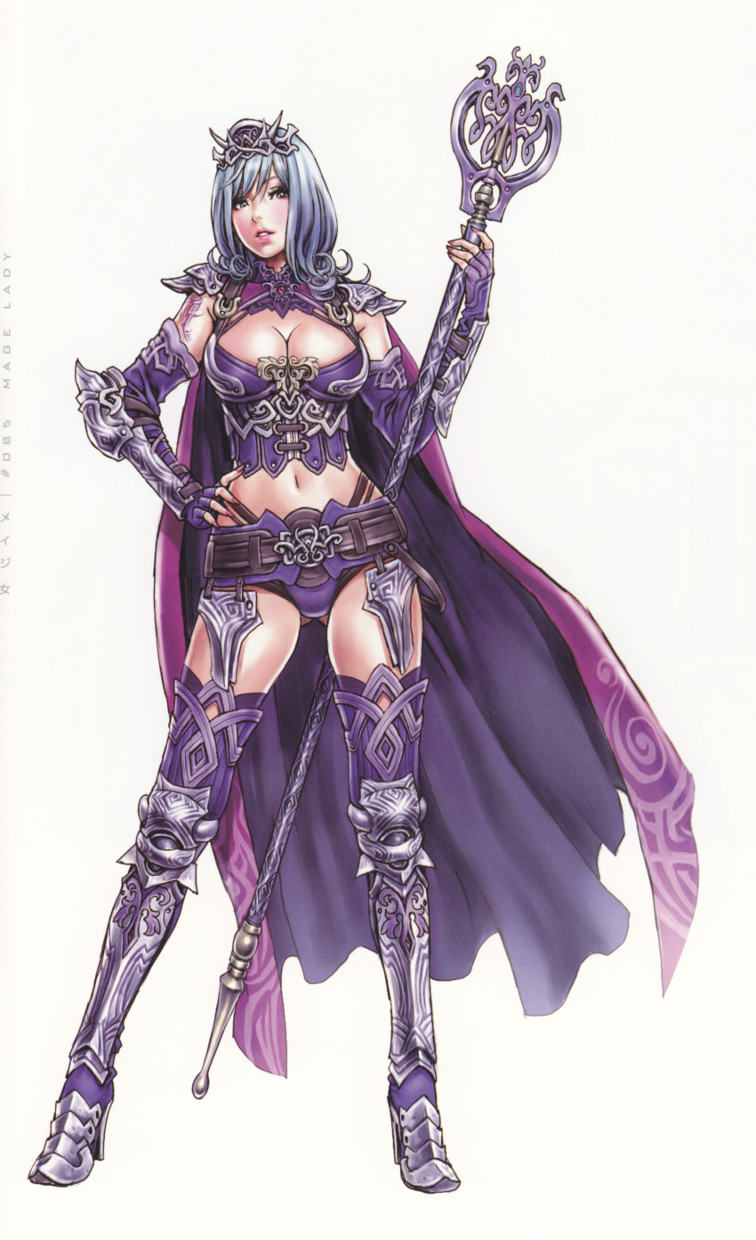 1girl armor armored_boots blue_eyes blue_hair blush boots breasts cape cleavage elbow_gloves female fingerless_gloves fingernails full_body gloves green_eyes hand_on_hip headpiece high_heels highres holding holding_staff large_breasts lips lipstick long_hair medium_hair midriff nail_polish nails navel original parted_lips pink_nails shoes shoulder_pads simple_background solo staff standing tattoo thigh-highs thigh_boots thighhighs tiara weapon white_background yamashita_shun'ya yamashita_shunya