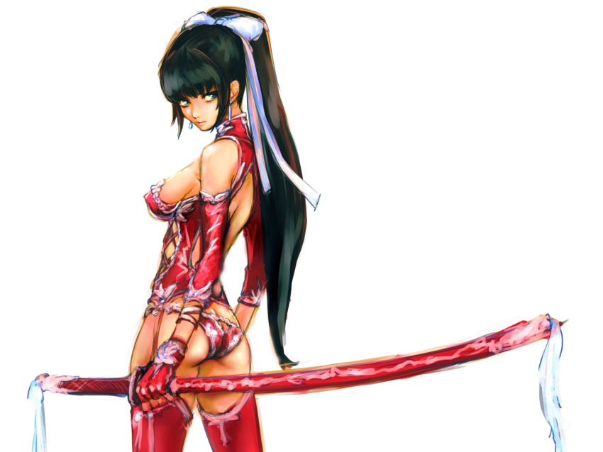 ass bare_shoulders black_hair breasts detached_sleeves earrings fingerless_gloves from_behind gloves hair_ribbon heterochromia highres jewelry katana lingerie long_hair looking_back original panties ponytail red_legwear red_thighhighs ribbon simple_background solo sword thigh-highs thighhighs underwear weapon