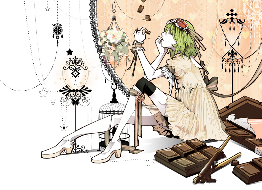 boots bridget00747 cage chocolate closed_eyes dress eating flower goggles goggles_on_head green_hair gumi heart highres knee_boots pocky ribbon short_hair solo star sweets thigh-highs thighhighs vocaloid