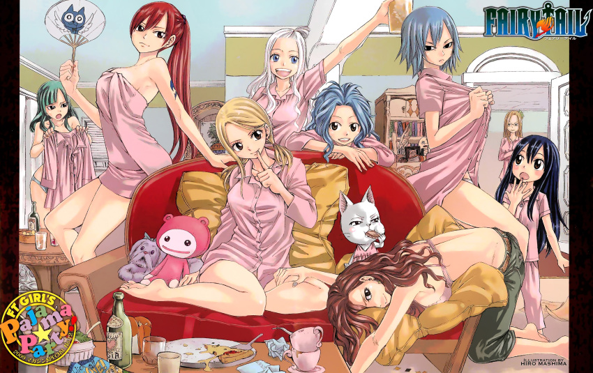 absurdres barefoot blonde_hair blue_eyes blue_hair blush bottomless bra breasts brown_eyes brown_hair cana_alberona cat charle_(fairy_tail) dog drink eating erza_scarlet evergreen_(fairy_tail) fairy_tail fan food glasses green_hair highres juvia_loxar large_breasts legs levy_mcgarden lingerie lucy_heartfilia mashima_hiro mirajane multiple_girls official_art open_mouth pajamas panties pillow pizza red_eyes red_hair redhead sideboob sitting tattoo towel underwear visca_mulan wendy_marvell white_hair