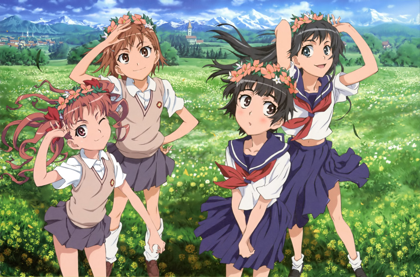 absurdres arms_up black_eyes black_hair bow brown_eyes brown_hair cloud clouds detexted flower green_eyes hair_bow hair_flower hair_ornament highres misaka_mikoto multiple_girls nishimura_hiroyuki official_art open_mouth outdoors outside saten_ruiko school_uniform serafuku shirai_kuroko sky smile socks to_aru_kagaku_no_railgun to_aru_majutsu_no_index twintails uiharu_kazari wind wink