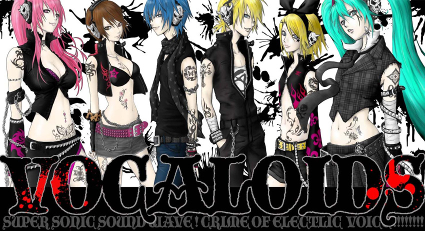 bandages belt blonde_hair blue_hair bracelet breasts brown_hair chain cleavage engrish grow hand_in_pocket hatsune_miku headphones jewelry kagamine_len kagamine_rin kaito megurine_luka meiko midriff navel necktie pink_hair ranguage scarf skull tattoo vocaloid