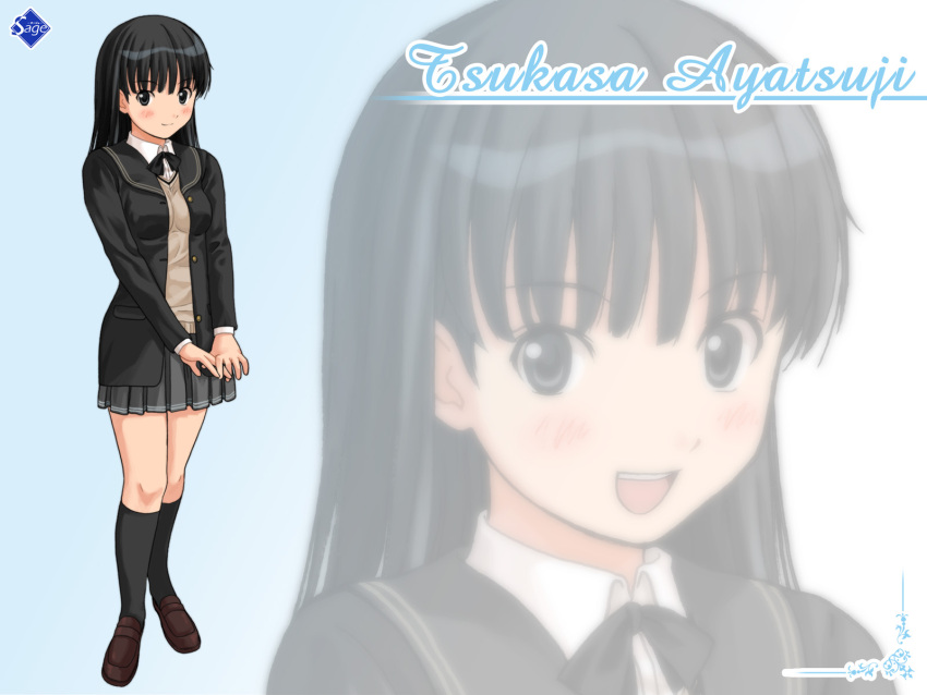 amagami ayatsuji_tsukasa black_eyes black_hair blush highres long_hair ryunnu school_uniform skirt smile solo wallpaper zoom_layer