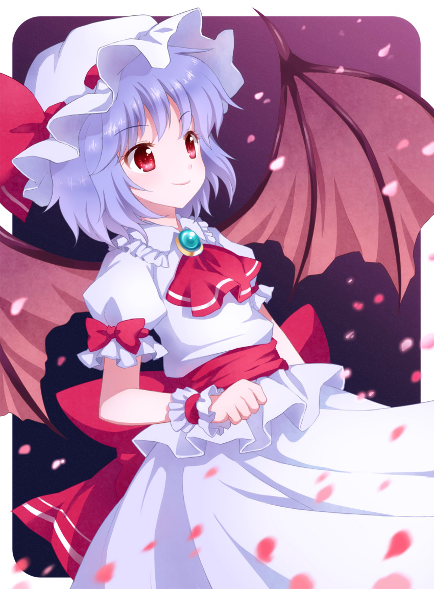 bat_wings brooch hat highres jewelry lavender_hair mauve petals red_eyes remilia_scarlet short_hair smile solo touhou wings