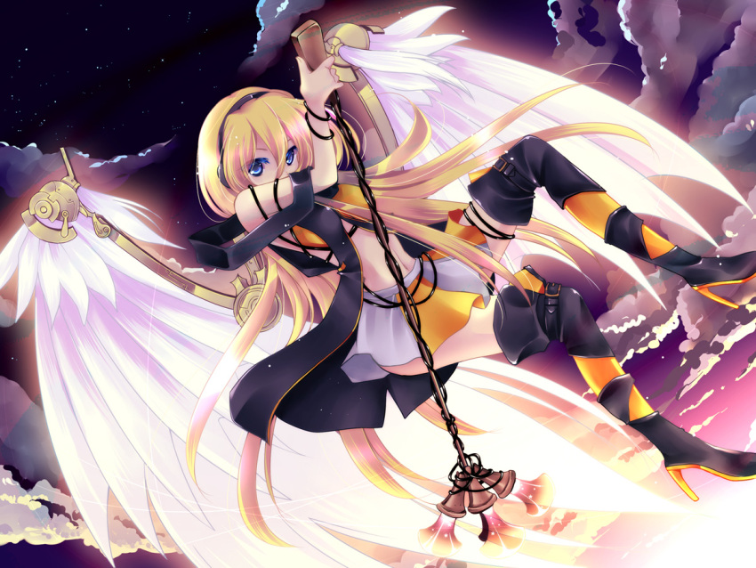 blonde_hair blue_eyes boots child-box cloud headphones high_heels lily_(vocaloid) long_hair microphone microphone_stand midriff navel shoes skirt solo thigh-highs thigh_boots thighhighs very_long_hair vocaloid wings zettai_ryouiki