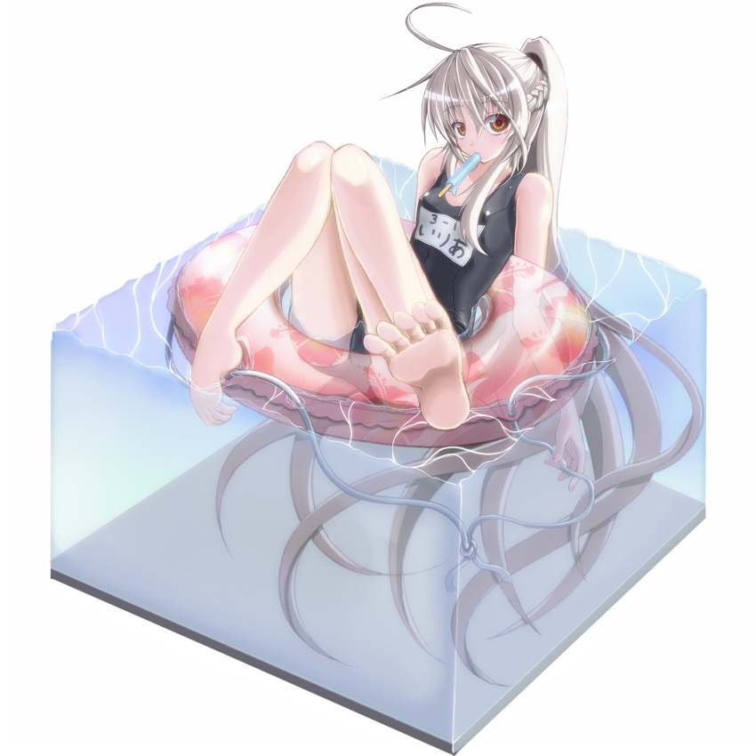 amino_dopple barefoot cube feet foreshortening innertube long_hair mouth_hold orange_eyes perspective ponytail popsicle school_swimsuit swimsuit white_hair