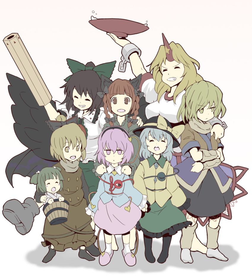 animal_ears arm_cannon arm_warmers bad_id black_hair blonde_hair braid bucket cat_ears closed_eyes cuffs flat_color girl_in_bucket green_hair grey_hair hair_ribbon hairband hat hat_ribbon highres horn horns hoshiguma_yuugi in_bucket in_container kaenbyou_rin kisume komeiji_koishi komeiji_satori kurodani_yamame long_hair mizuhashi_parsee multiple_girls no_shoes open_mouth pink_hair red_hair redhead reiuji_utsuho ribbon scarf short_hair slippers socks subterranean_animism third_eye touhou tsuttsu twin_braids weapon wings yukino_tsubu