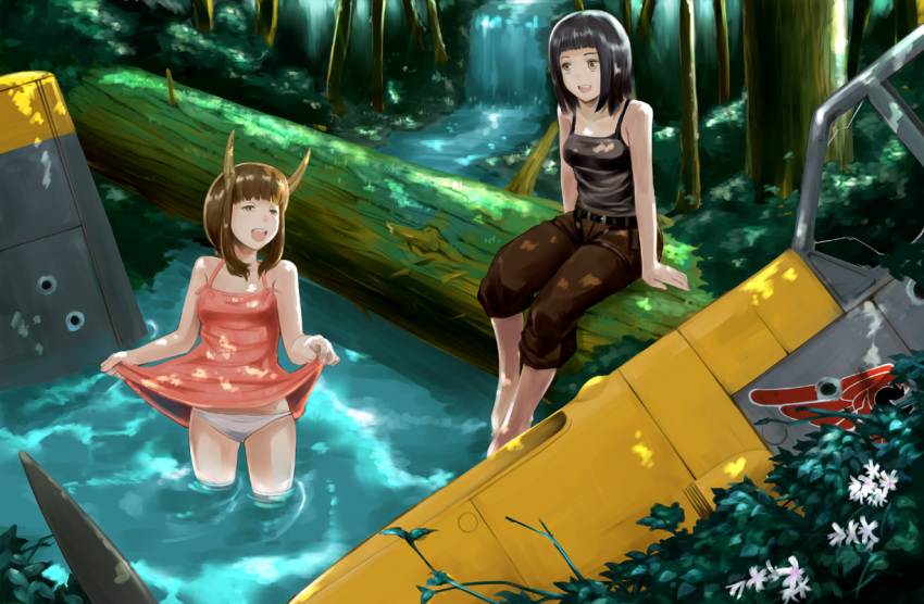 bad_id black_hair brown_eyes brown_hair dress dress_lift forest horns log mocco))) multiple_girls nature original panties river short_hair tank_top underwear wading water waterfall