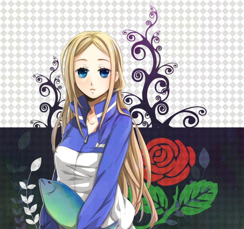 blonde_hair blue_eyes breasts fish flower goma-meso highres long_hair meso_(goma-meso) nino_(arakawa) red_rose rose solo