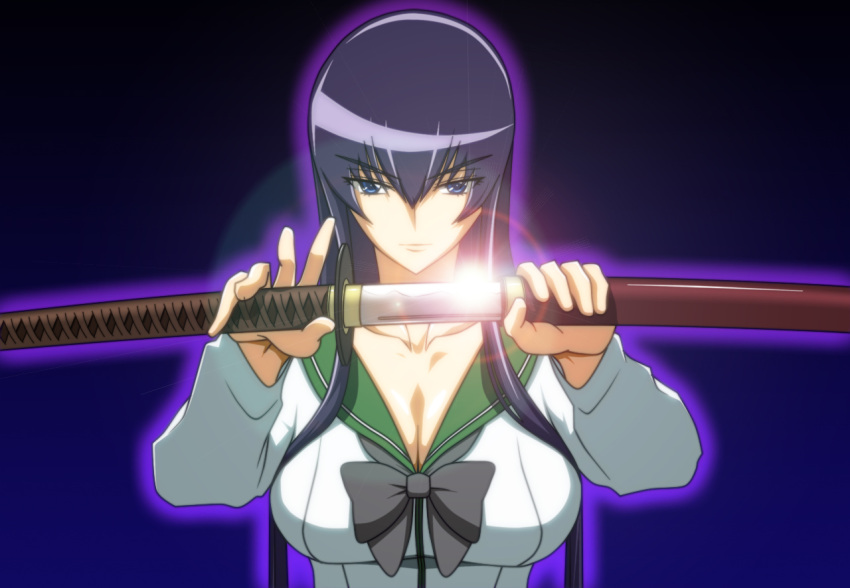 bad_id blue_eyes breasts busujima_saeko cleavage highschool_of_the_dead katana school_uniform serafuku sheath sword unsheathing weapon