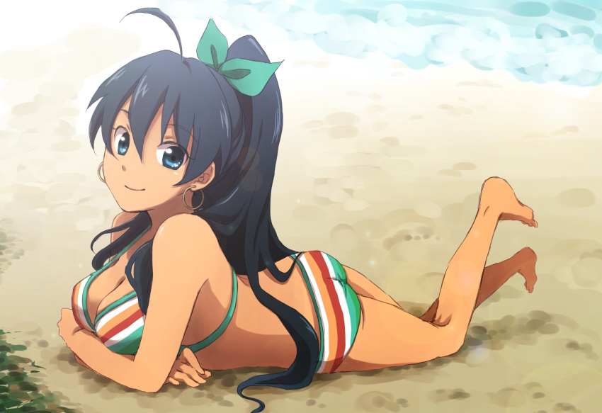 ass barefoot beach bikini black_hair blue_eyes breasts cleavage earrings ganaha_hibiki hair_ribbon highres idolmaster jewelry legs long_hair on_stomach ponytail ribbon smile solo striped striped_bikini striped_swimsuit swimsuit tkns