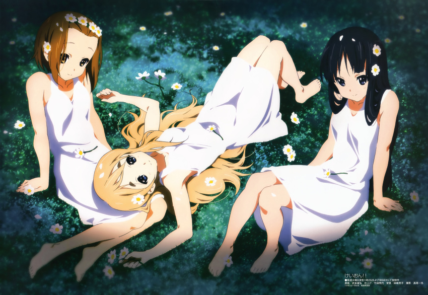 absurdres akiyama_mio armpits barefoot black_hair blonde_hair brown_hair dress face feet flower hair_flower hair_ornament hands highres k-on! kotobuki_tsumugi lying megami multiple_girls official_art on_back sundress tainaka_ritsu takemoto_yasuhiro