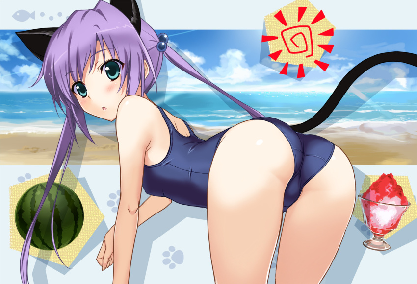 bent_over blue_eyes cat_ears cat_tail food fruit highres long_hair one-piece_swimsuit original purple_hair school_swimsuit shaved_ice shibayuki solo swimsuit tail twintails watermelon