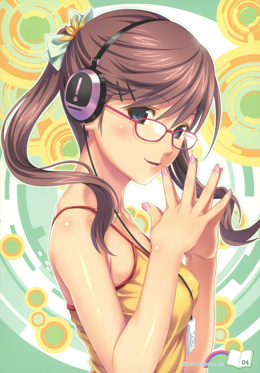 blue_eyes brown_hair cable camisole digital_media_player glasses hair_ornament hairpin hands headphones highres koutaro lipstick nail_polish original ribbon smile solo twintails
